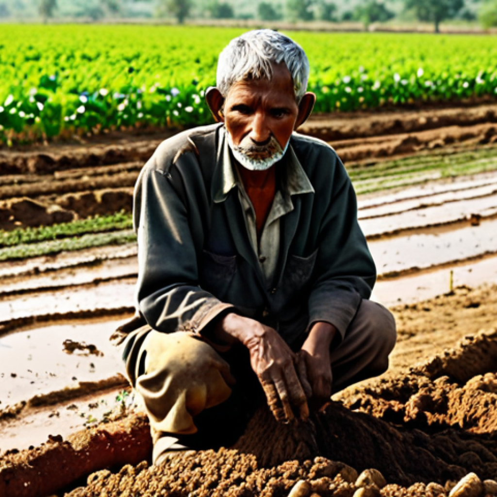 **Prompt 1: A Farmer's Hope and Soil Rebirth**
"A wise, weathered South Asian farmer, with a look of deep contemplation and newfound hope, kneels in a vibrant agricultural field. The scene is split: on one side, a patch of lifeless, chemically depleted soil, cracked and pale, representing the past struggle. On the other side, the soil is rich, dark, and crumbly, teeming with healthy, young plant sprouts, symbolizing revitalization through natural microbes. Soft, warm sunlight illuminates the rejuvenated earth, highlighting the contrast and the farmer's optimistic gaze towards the healthy soil. Rural, earthy tones, highly detailed, realistic, symbolic."