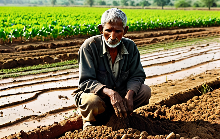 **Prompt 1: A Farmer's Hope and Soil Rebirth**
"A wise, weathered South Asian farmer, with a look of deep contemplation and newfound hope, kneels in a vibrant agricultural field. The scene is split: on one side, a patch of lifeless, chemically depleted soil, cracked and pale, representing the past struggle. On the other side, the soil is rich, dark, and crumbly, teeming with healthy, young plant sprouts, symbolizing revitalization through natural microbes. Soft, warm sunlight illuminates the rejuvenated earth, highlighting the contrast and the farmer's optimistic gaze towards the healthy soil. Rural, earthy tones, highly detailed, realistic, symbolic."