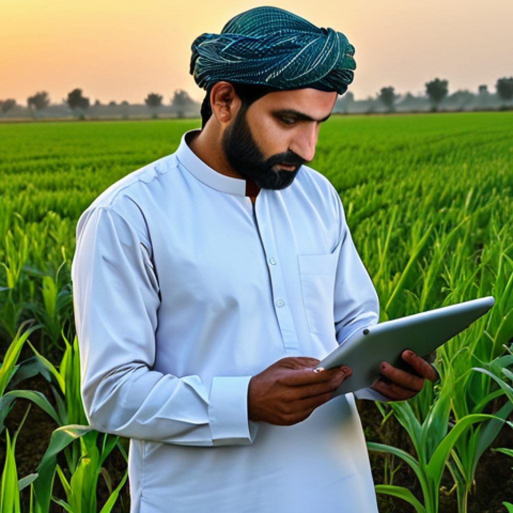 **
"A Pakistani farmer in a fully clothed, modest shalwar kameez, using a tablet to analyze crop data in a lush, green field at sunset, safe for work, appropriate content, professional, perfect anatomy, natural proportions, drone in the background monitoring the field, high quality digital art."
**