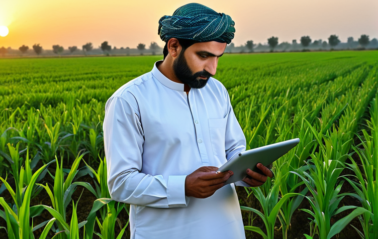 **
"A Pakistani farmer in a fully clothed, modest shalwar kameez, using a tablet to analyze crop data in a lush, green field at sunset, safe for work, appropriate content, professional, perfect anatomy, natural proportions, drone in the background monitoring the field, high quality digital art."
**