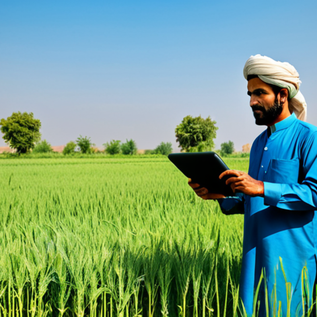 농업 인공지능 활용 - **
A farmer in a rural Pakistani field using a tablet to monitor crops via AI-powered sensors. He i...