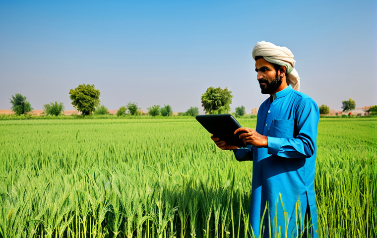 농업 인공지능 활용 - **
A farmer in a rural Pakistani field using a tablet to monitor crops via AI-powered sensors. He i...