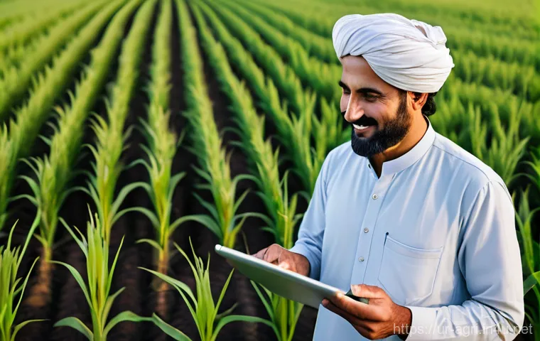 농업용 자율주행 기술 - **Prompt: A modern Pakistani farmer in his prosperous field.**
A smiling, middle-aged Pakistani ...